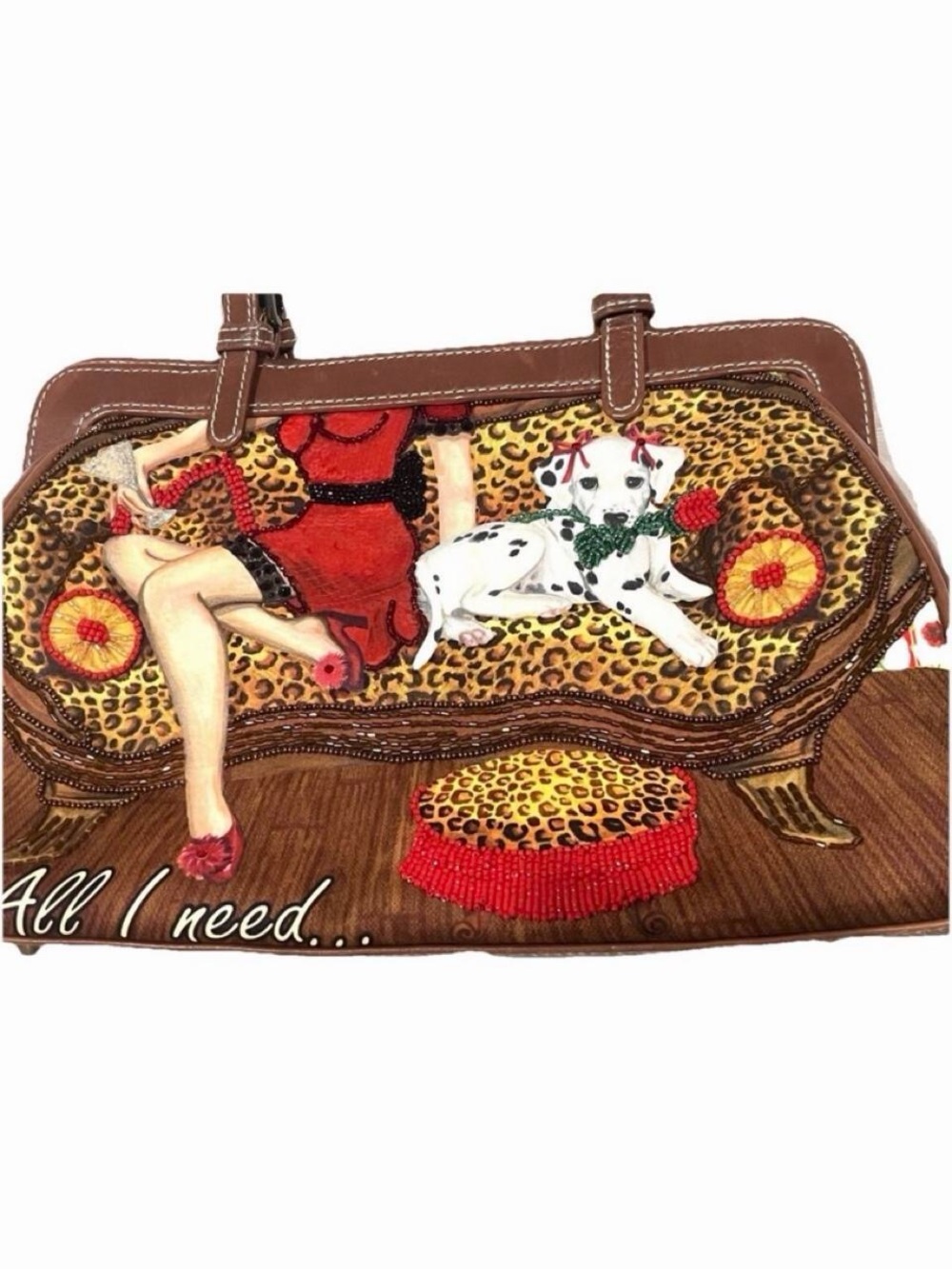 Isabella Fiore Brown Leopard-Print Embroidered Shoulder Bag with Red Accents